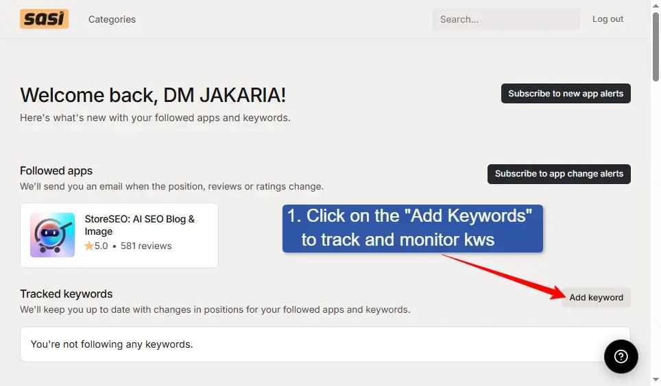 click on the add keyword button to track and monitor keywords