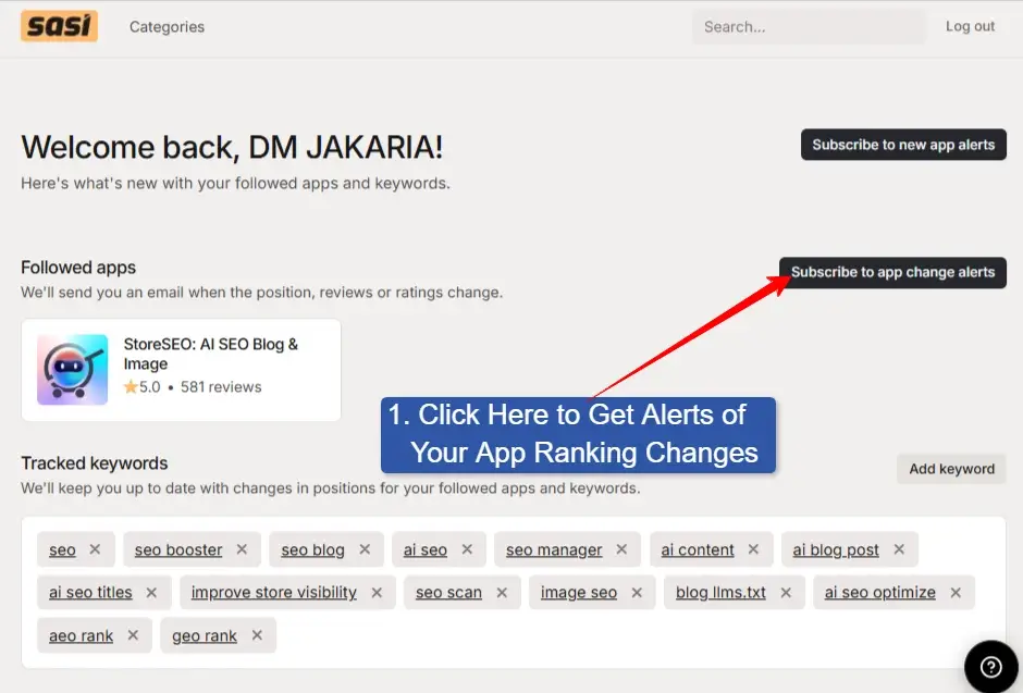 click on the subscribe button to enable your app ranking position changes