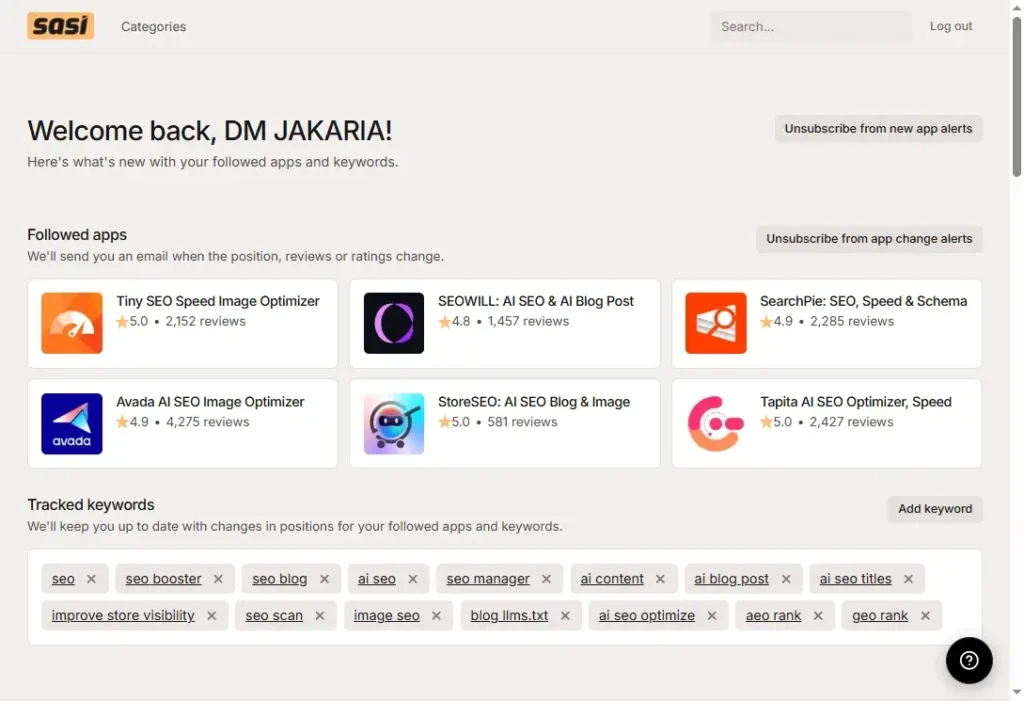 now you sasi will track and monitor all of these apps and keywords ranking