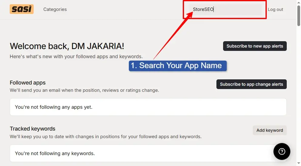 search your shopify app name on the sasi search bar