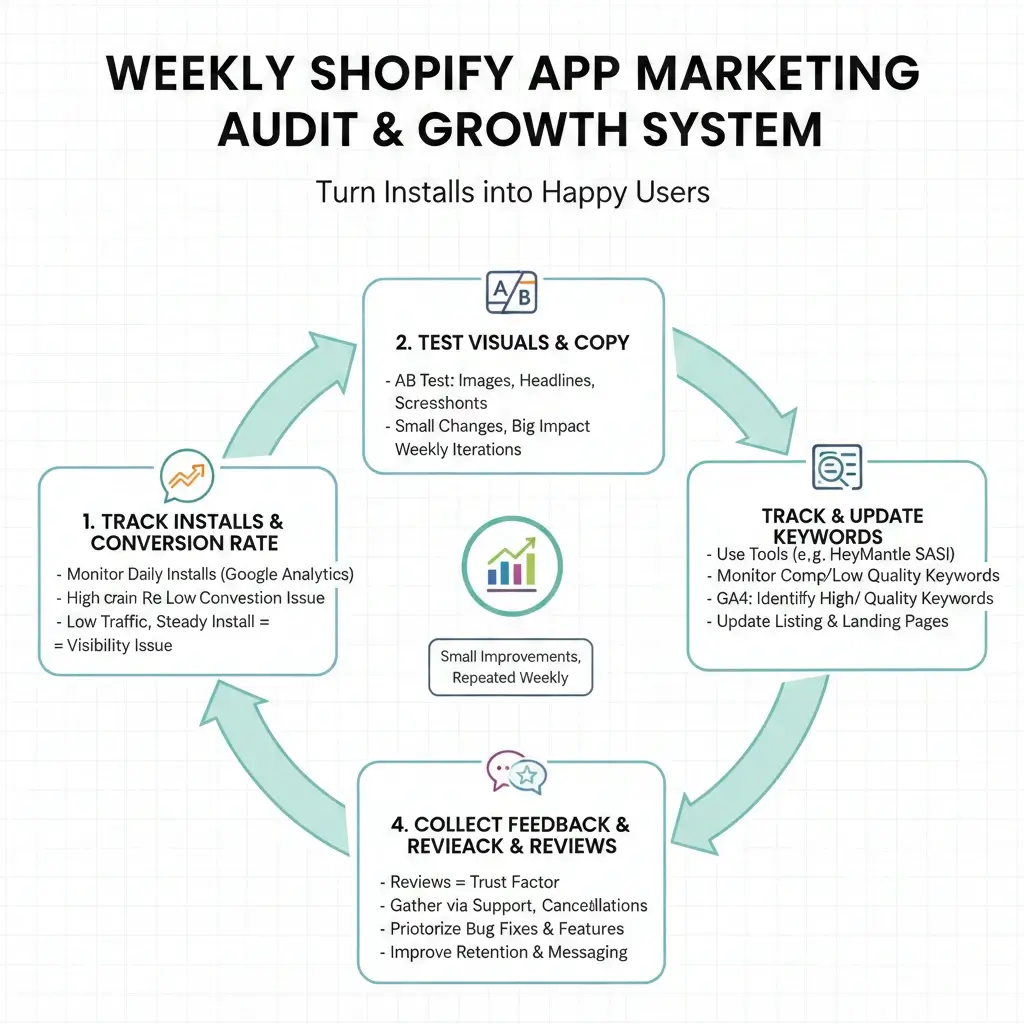weekly shopify app marketing audit and growth system