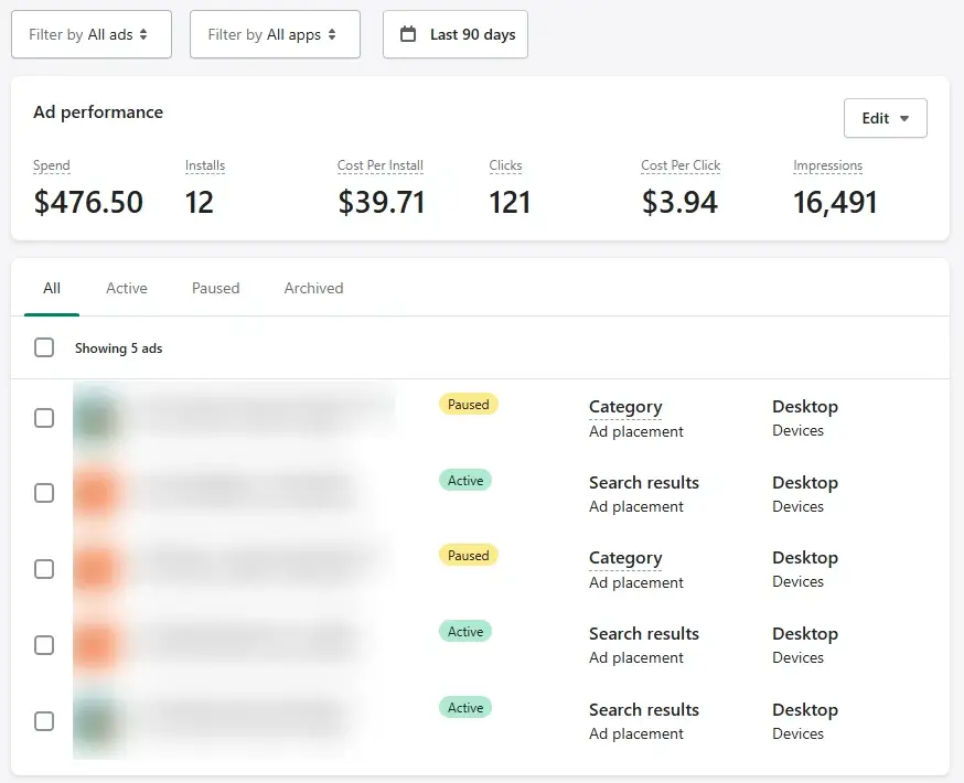 shopify app store ads since last 90 days